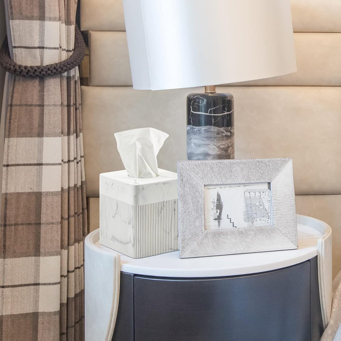 White Tissue Box Cover Square Resin Tissue Holder for Home Decor, Hand Poured Marble Ribbed Cube Tissue Box Holder – 5.5 Inch Heavy Duty Luxury Tissue Box Case for Bathroom, Living Room, Office