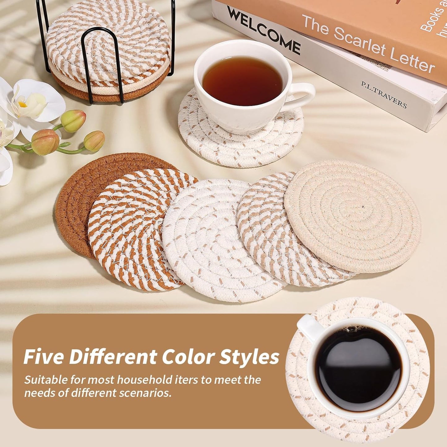 Mckanti 10 Pcs Drink Coasters with Holder, 5 Colors Absorbent Coasters for Drinks, Minimalist Boho Coasters Cotton Woven Coaster Set for Home Decor Tabletop Protection Suitable for Kinds of Cups