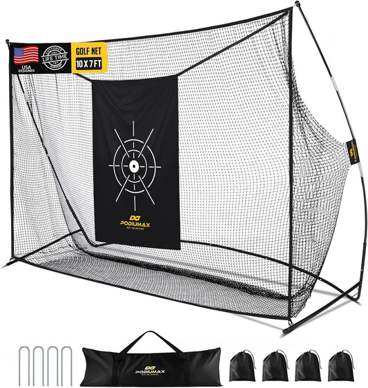 PodiuMax Golf Net, 10x7ft Golf Practice Net with Noise Reduce Silk Target Driving Real Balls, Hitting Nets for Backyard Garage, Improve Chipping Putting Pitching, Gift for Men & Golfers