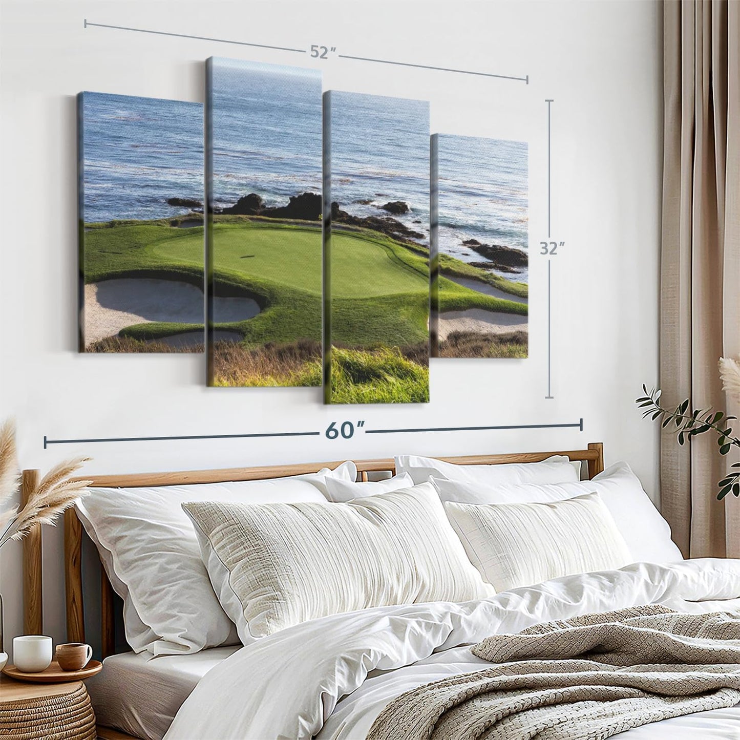 Elephant Stock Pebble Beach Golf Turf Wall Art - Horizontal Canvas - 4-Piece Hallway Wall Decor - Photographic Canvas Print - Brown and Blue Decor for Wall - 52" X 32"