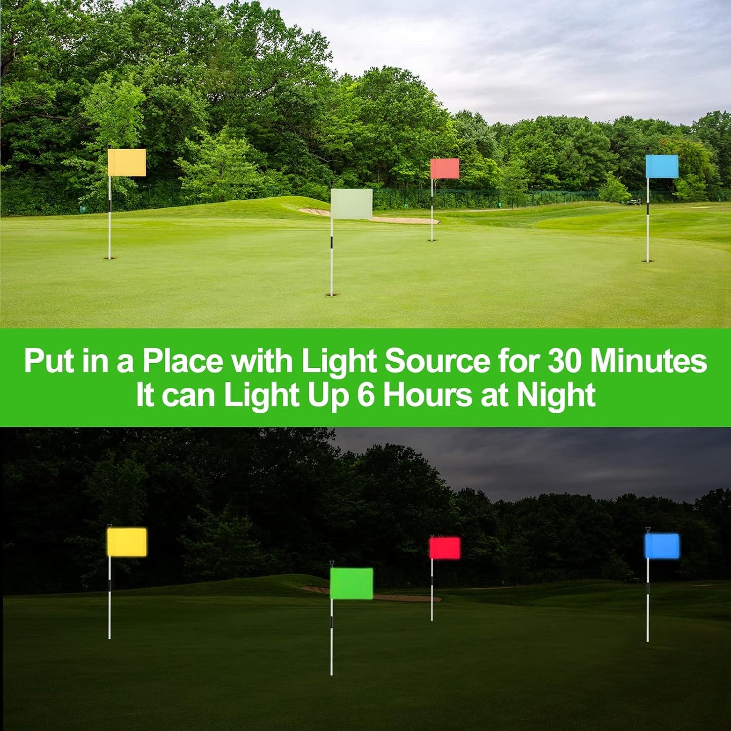 KINGTOP Glow-in-the-Dark Putting Green Flags - Double Sided, Novelty Backyard Light Target with Tube Insert, Mini Pin Flag Measure 8" x 6", 4-Pack