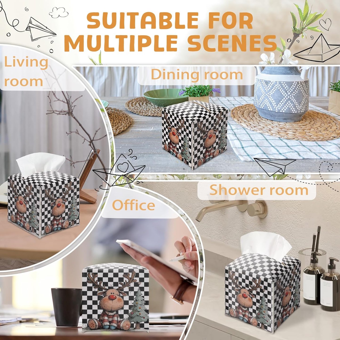 Black and White Checkered Tissue Box Holder, Watercolor Christmas Reindeer Leather Tissue Box Cover Square, Paper Facial Decorative Tissues Cover for Night Stands Bathroom Office Home Decor-B06