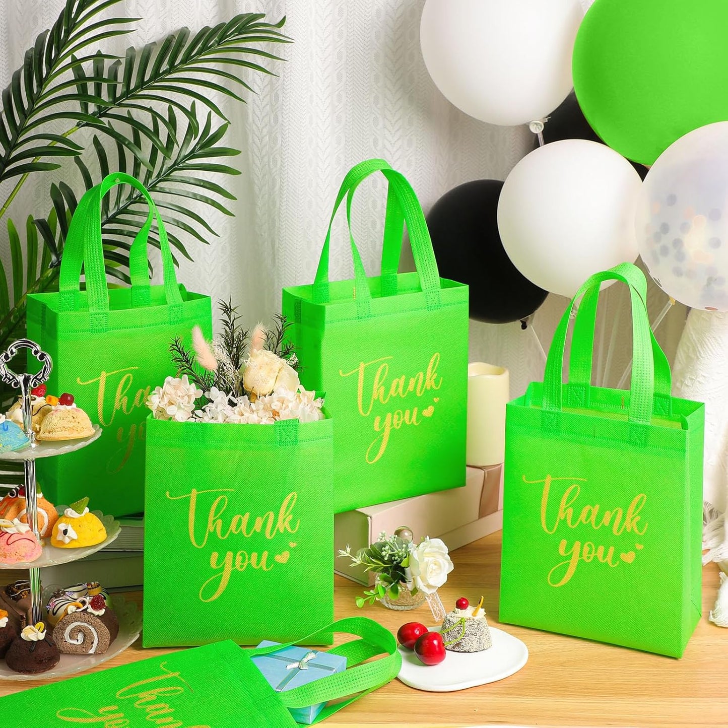 Sweetude 30 Pcs Thank You Gift Bags with Handles Bulk Reusable Goodie Bag Non Woven Foldable Handbag for Graduation Wedding Bridesmaid Gifts(10 x 8 x 4 Inch,Light Green)