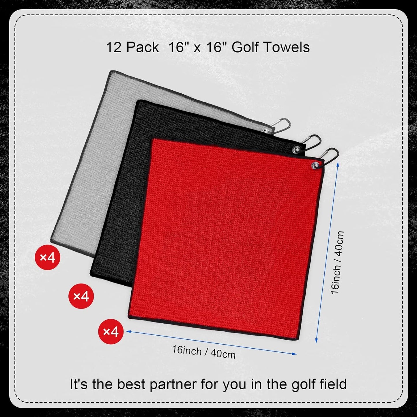 Batiyeer 12 Pcs Golf Towel Bulk for Golf Bags 16'' x 16'' Microfiber Fabric Towel with Clip Waffle Pattern, Fitness, Camping, Hiking, Yoga