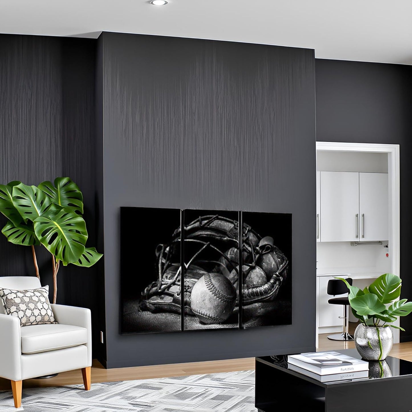 LevvArts Black and White Baseball Wall Art Sports Themed Poster Wall Decor Mens Bedroom Boys Room Decorations Vintage Ball Glove Pictures Print Home Gym Decoration 16"x32"x3PCS