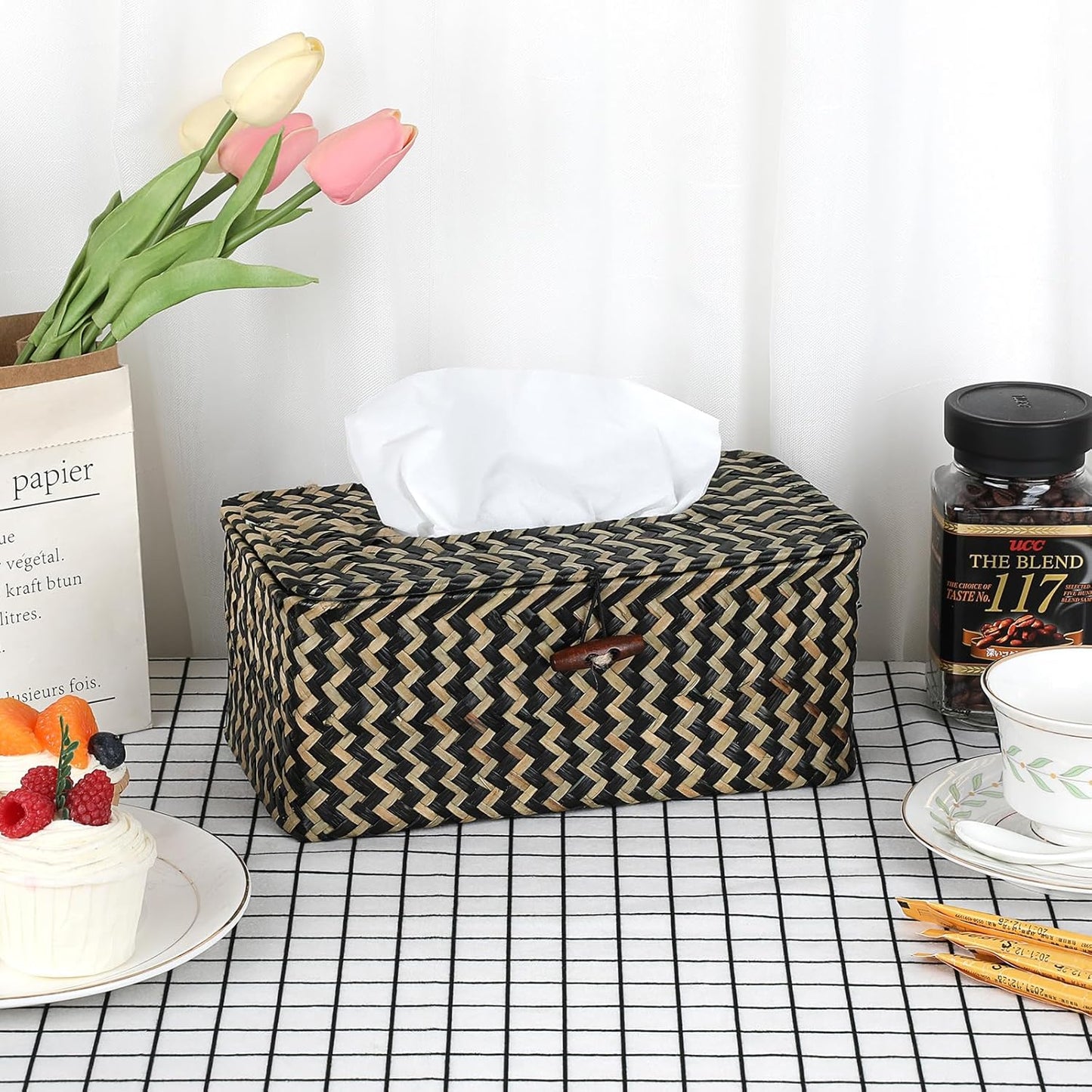 Sumnacon Tissue Box Cover Rectangle Tissue Box Seagrass Tissue Box Holder Woven Tissue Holder Decorative Tissue Cover for Bathroom Tissue Box Cover Rectangular for Home Office Table,Mixed Black