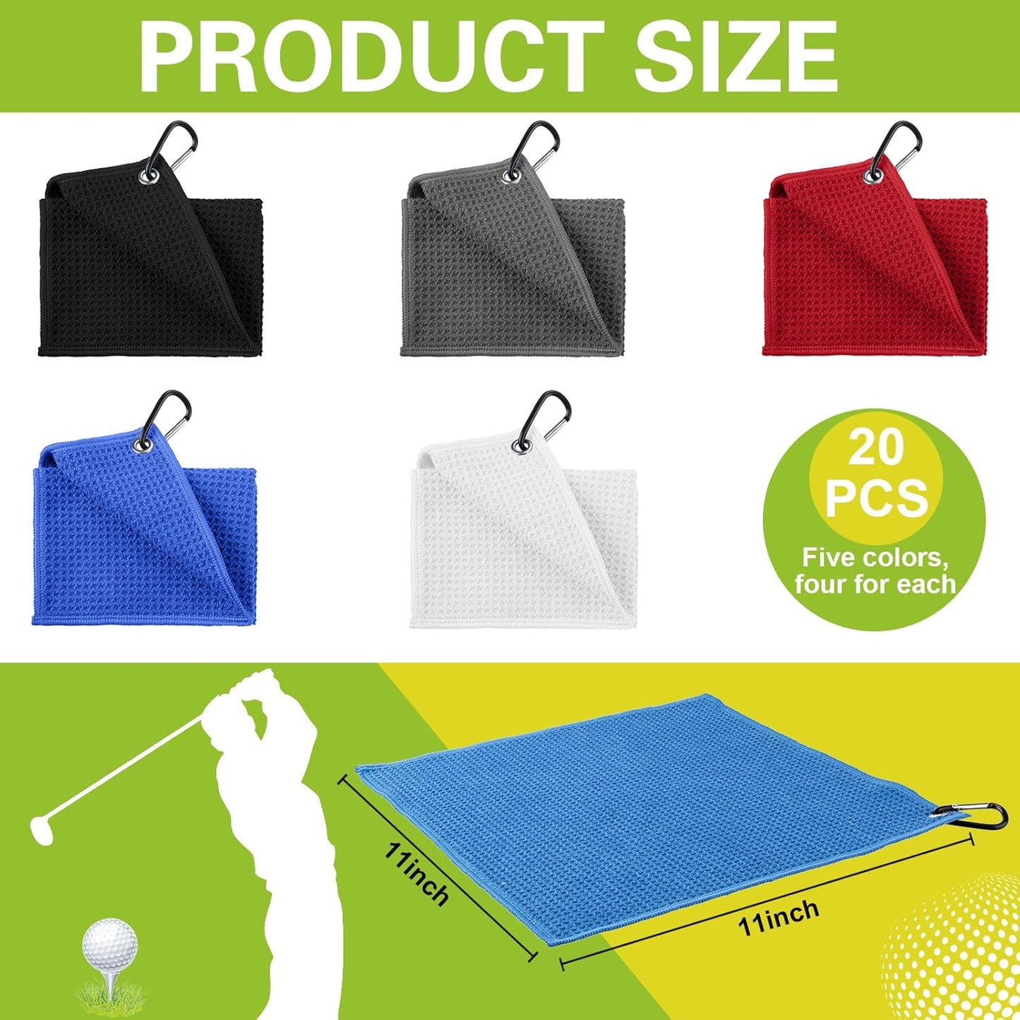 Tatuo 20 Pack 5 Colors Microfiber Golf Towel with Hook Clip Waffle Pattern Golf Towel Accessories for Men Women Convenient Gadgets Sports Fishing Bag for Home Gym Kitchen(20 Pcs)