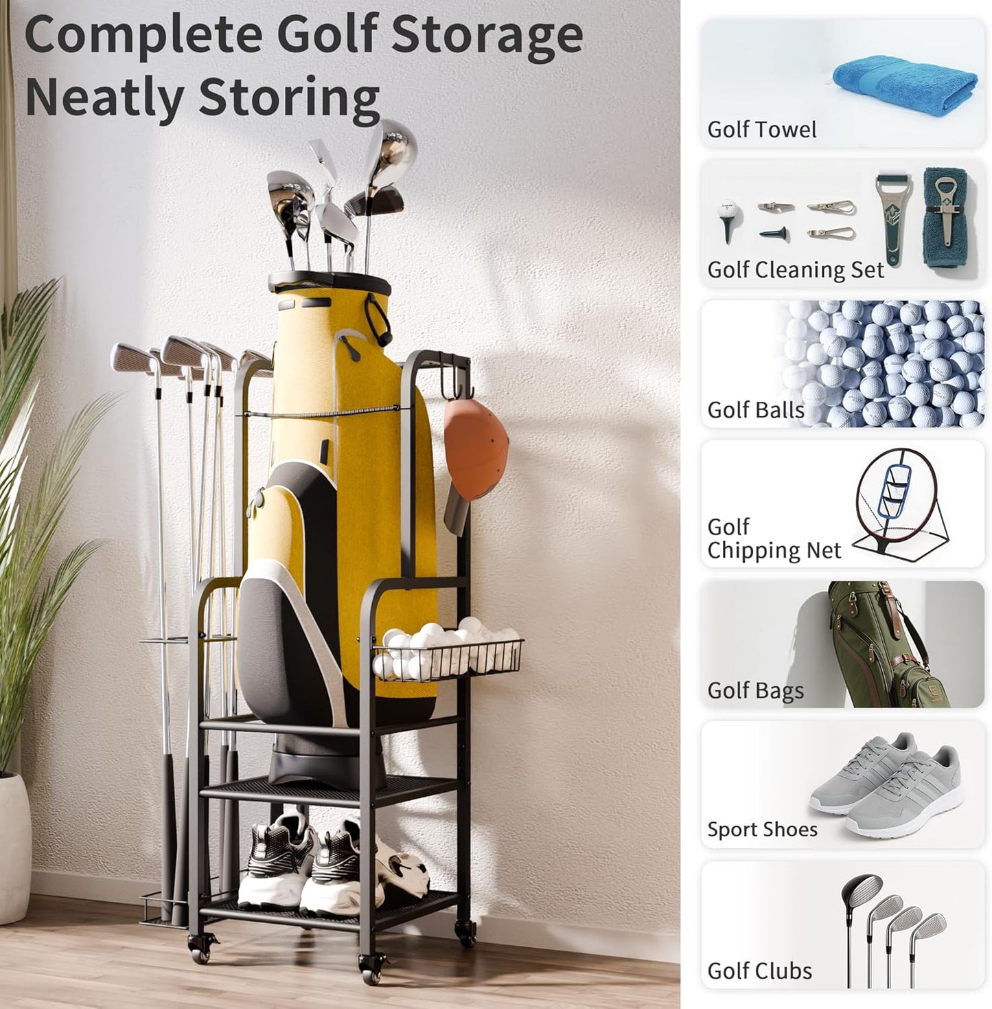 niffgaff Golf Bag Organizer Golfing Storage Stand for Garage Golf Bags Golfing Rack with Wheels Black