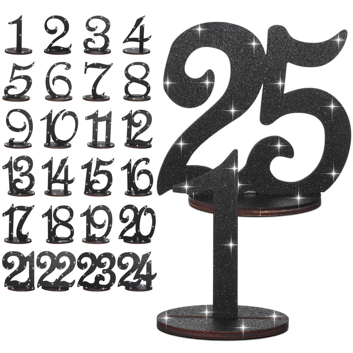 Glitter Table Numbers 1-25 Wooden Table Numbers for Wedding Reception Standing Seat Place Cards with Holder Base for Wedding Party Event Catering Receptions Banquets(Black)