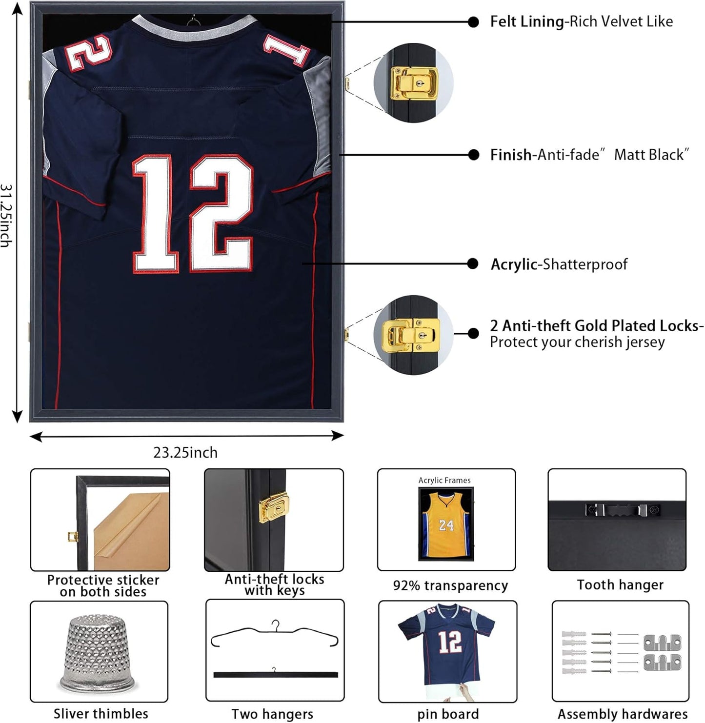 IHEIPYE Jersey Display Frame Case Lockable, Large Sport Jersey Shadow Box with 98% UV Protection Acrylic and Hanger for Baseball Basketball Football Soccer Hockey Shirt and Uniform,Black