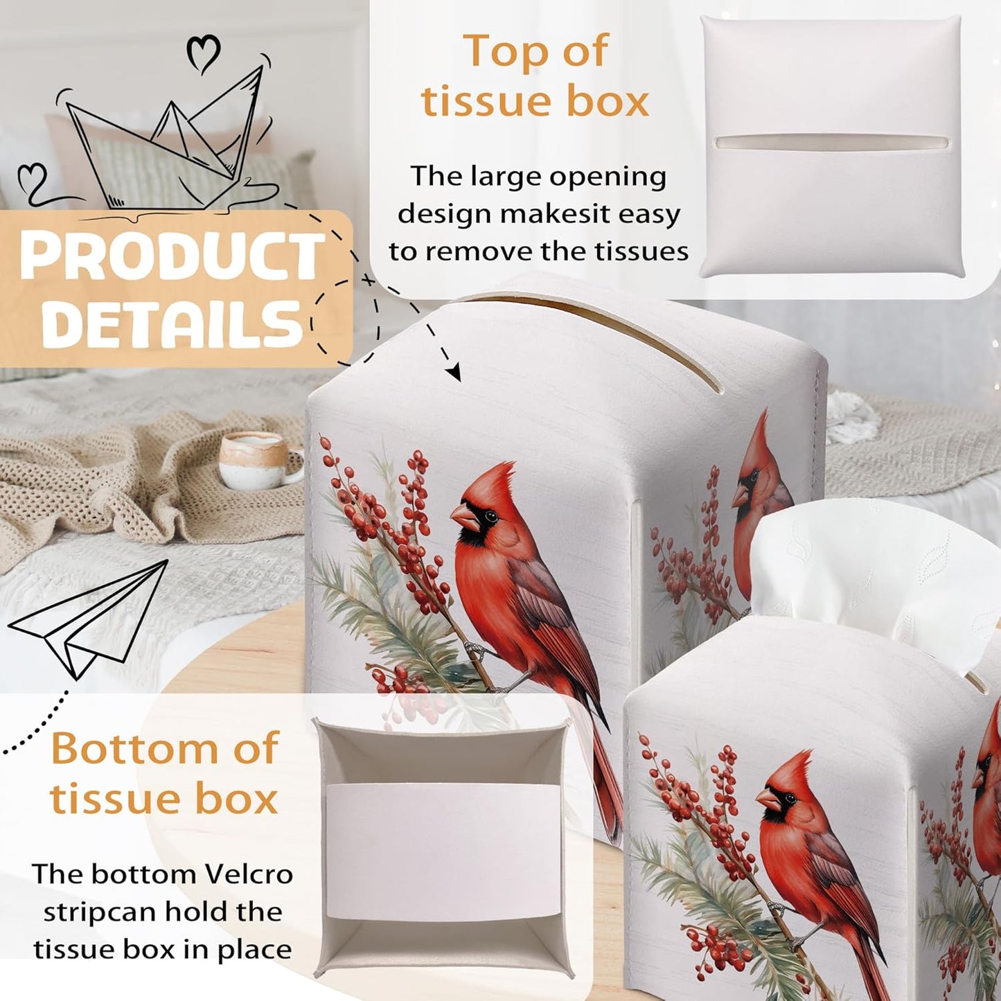 Christmas Tissue Box Holder, Christmas Cardinal Leather Tissue Box Cover Square, Red Feathers Paper Facial Decorative Tissues Cover for Night Stands Bathroom Office Home Decor-B10