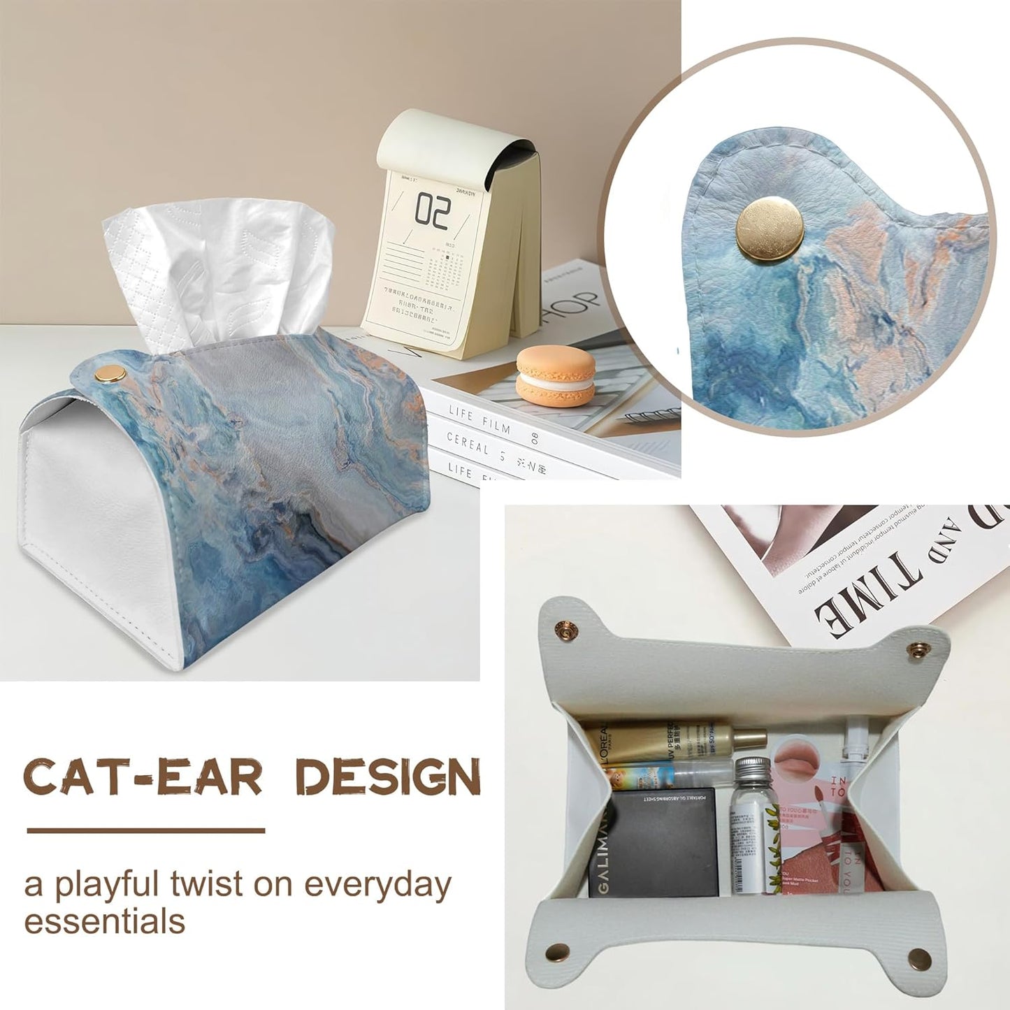 Blue and Grey Marble Tissue Box Cover Holder – Rectangular Tissue Organizer, Decorative Napkin Box Case for Home, Office & Car