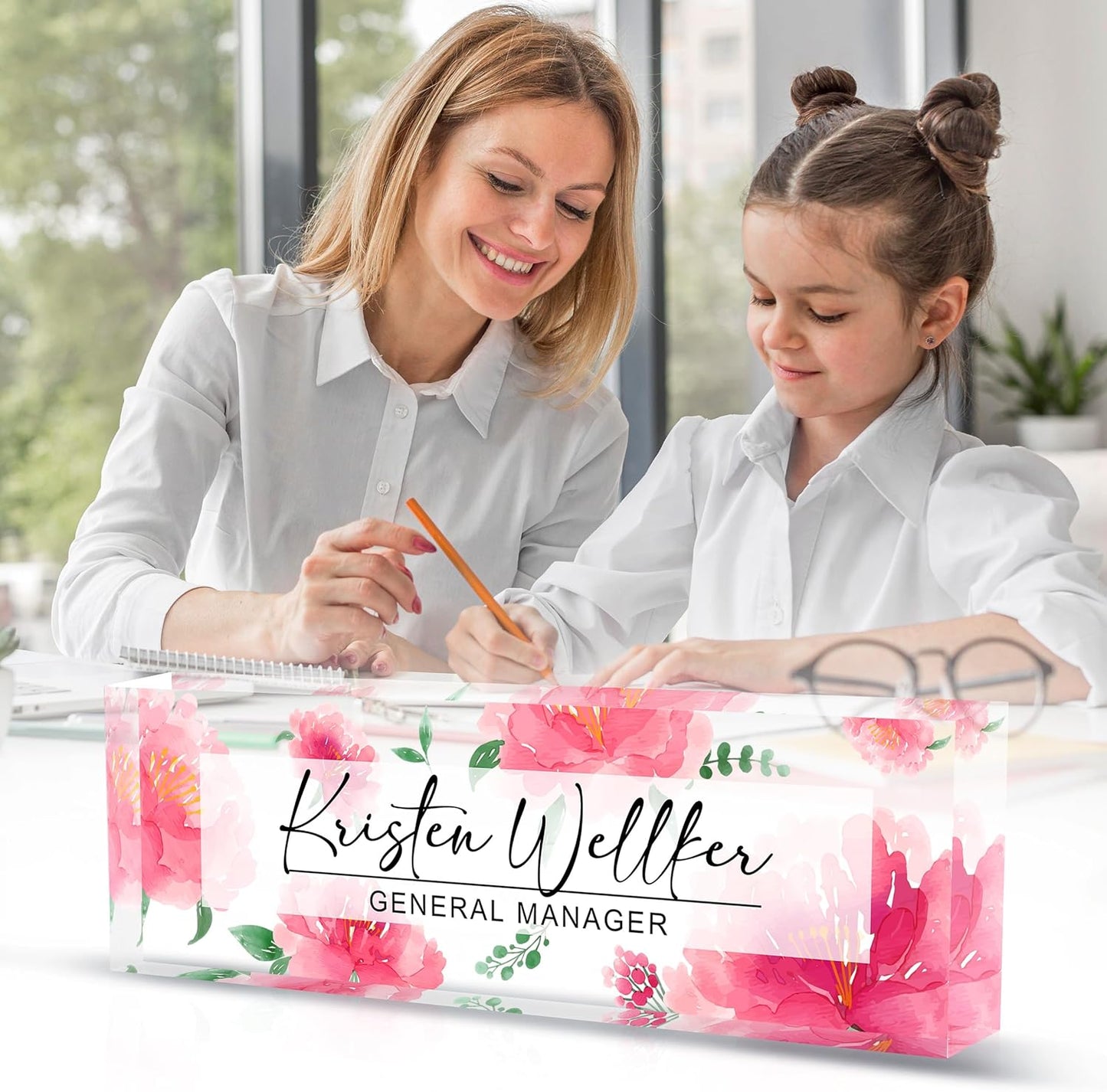 Personalized Name Plate for Desk Custom Acrylic Desk Name Plate Custom Employee Appreciation Gifts Office Gifts for Women, Men, Boss, Coworkers, Teacher, Nurse (Red Peony)