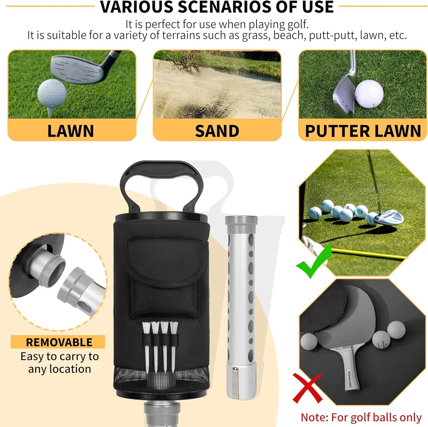 AKOZLIN Golf Ball Retriever Portable Shag Bag Golf Ball Pick Up Collector with Detachable Aluminum Tube Tee Holder, Pocket Shagger Storage