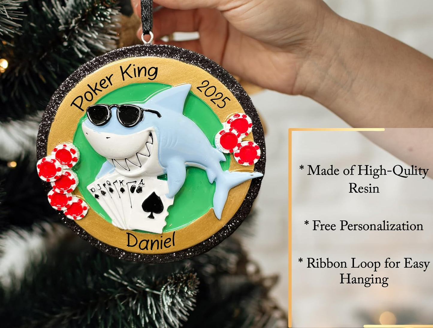 Personalized Poker Shark Christmas Ornament 2025 | Jaws Card Game Royal Flush Xmas Tree Decoration | Unique Las Vegas Casino Texas Hold Em Gambling Keepsake Gift - Custom Name & Year