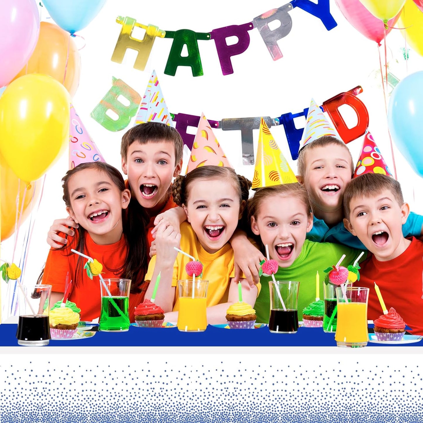 6 Pack Rectangle Plastic Dot Tablecloth Set, 54 X 108 Inch Plastic Table Cover, 12 x 108 Inch Satin Table Runners for Wedding Graduation Birthday New Year Party Decorations (White, Blue)