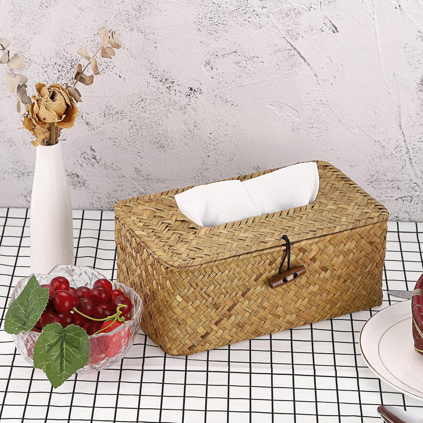 Sumnacon Tissue Box Cover Rectangle Tissue Box Seagrass Tissue Box Holder Woven Tissue Holder Decorative Tissue Cover for Bathroom Tissue Box Cover Rectangular for Home Office Table Yellow