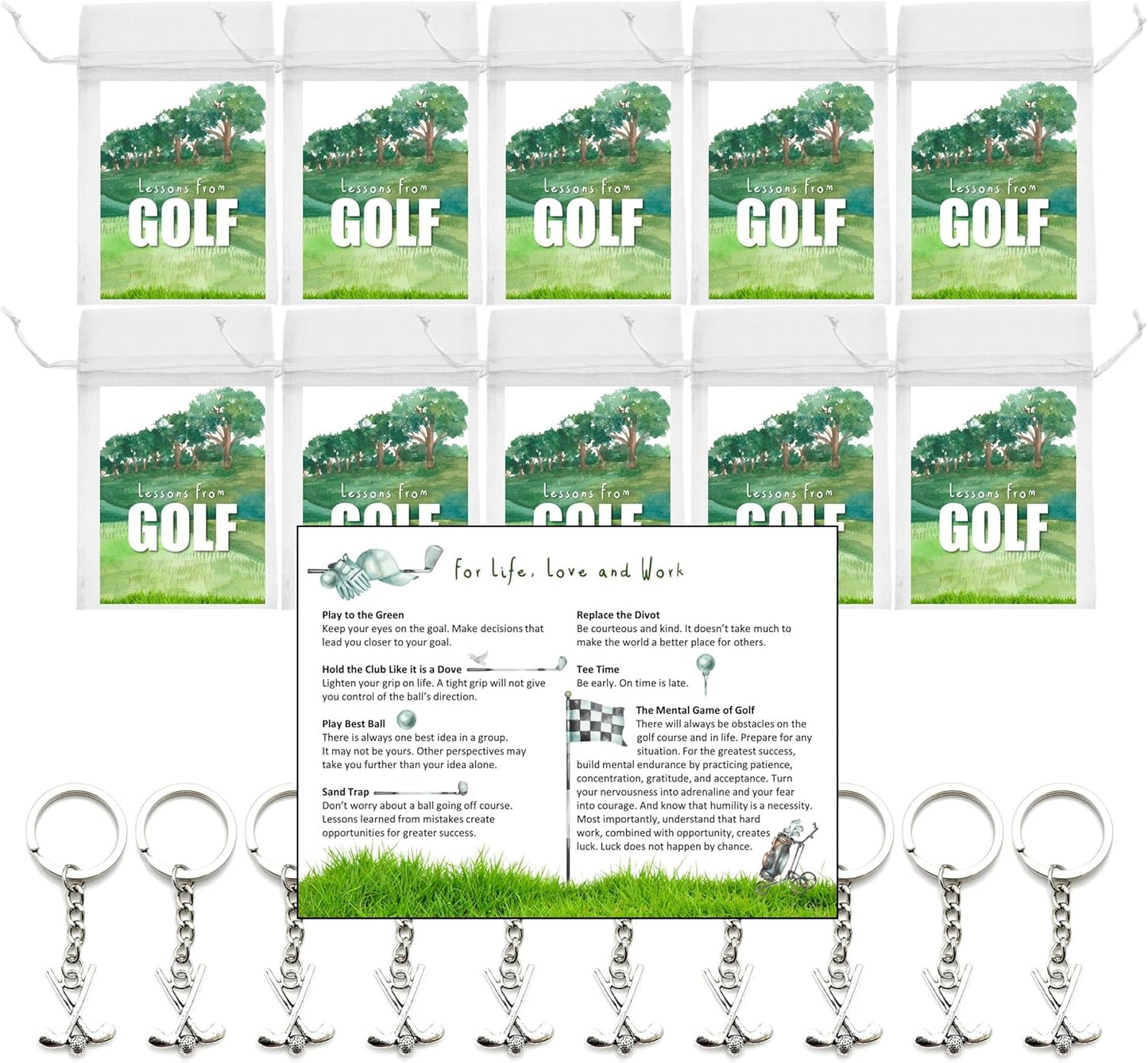 Smiling Wisdom - 10 Bulk Gifts - Wisdom From Golf 3.5x5in Cards & Keychains - Women Men Employees Staff - 30pcs - Silver Club Charms