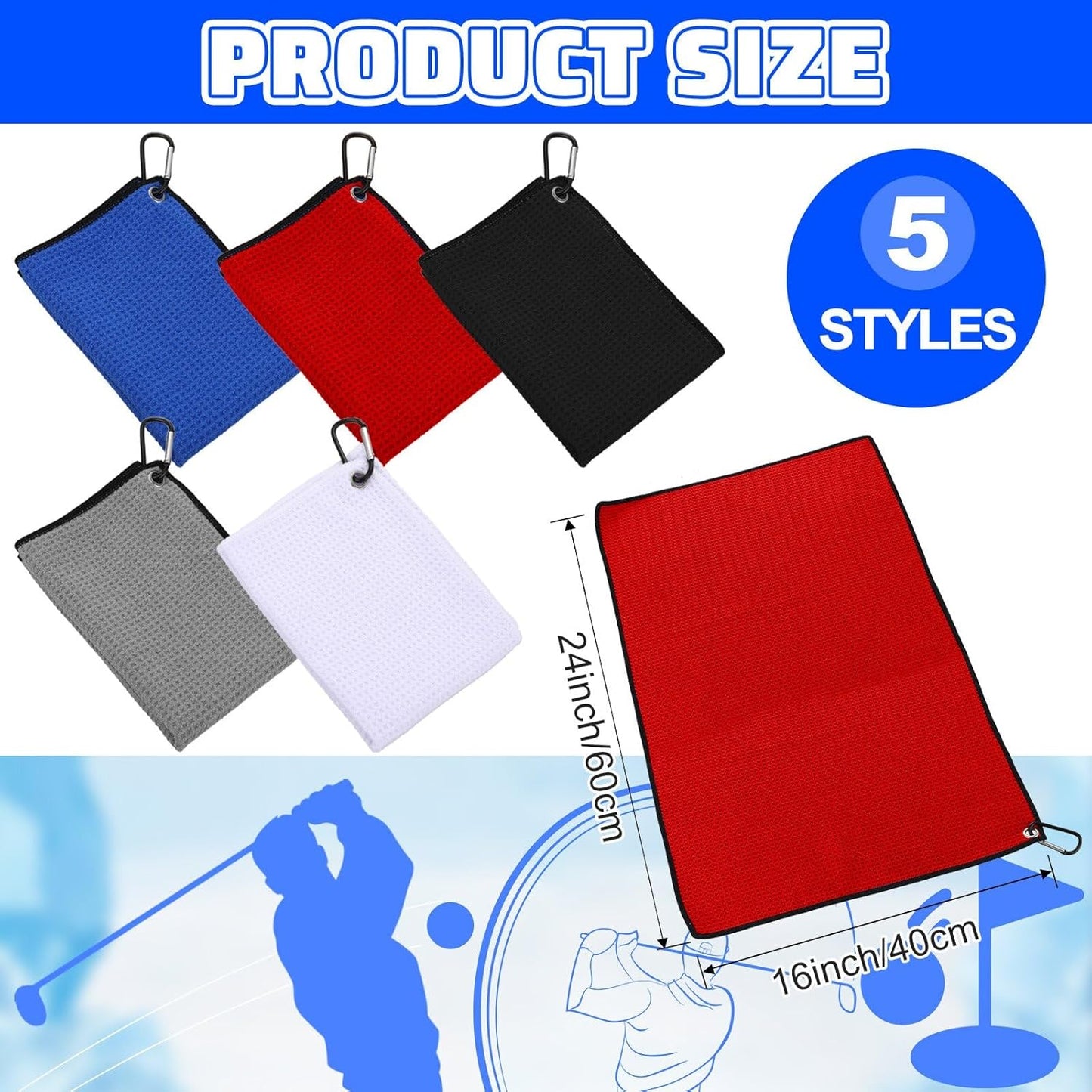 Batiyeer Golf Towels Bulk for Bags 16'' x 24'' Microfiber Waffle Pattern Golf Towels Trifold with Clip for Hiking,Tournament, Yoga