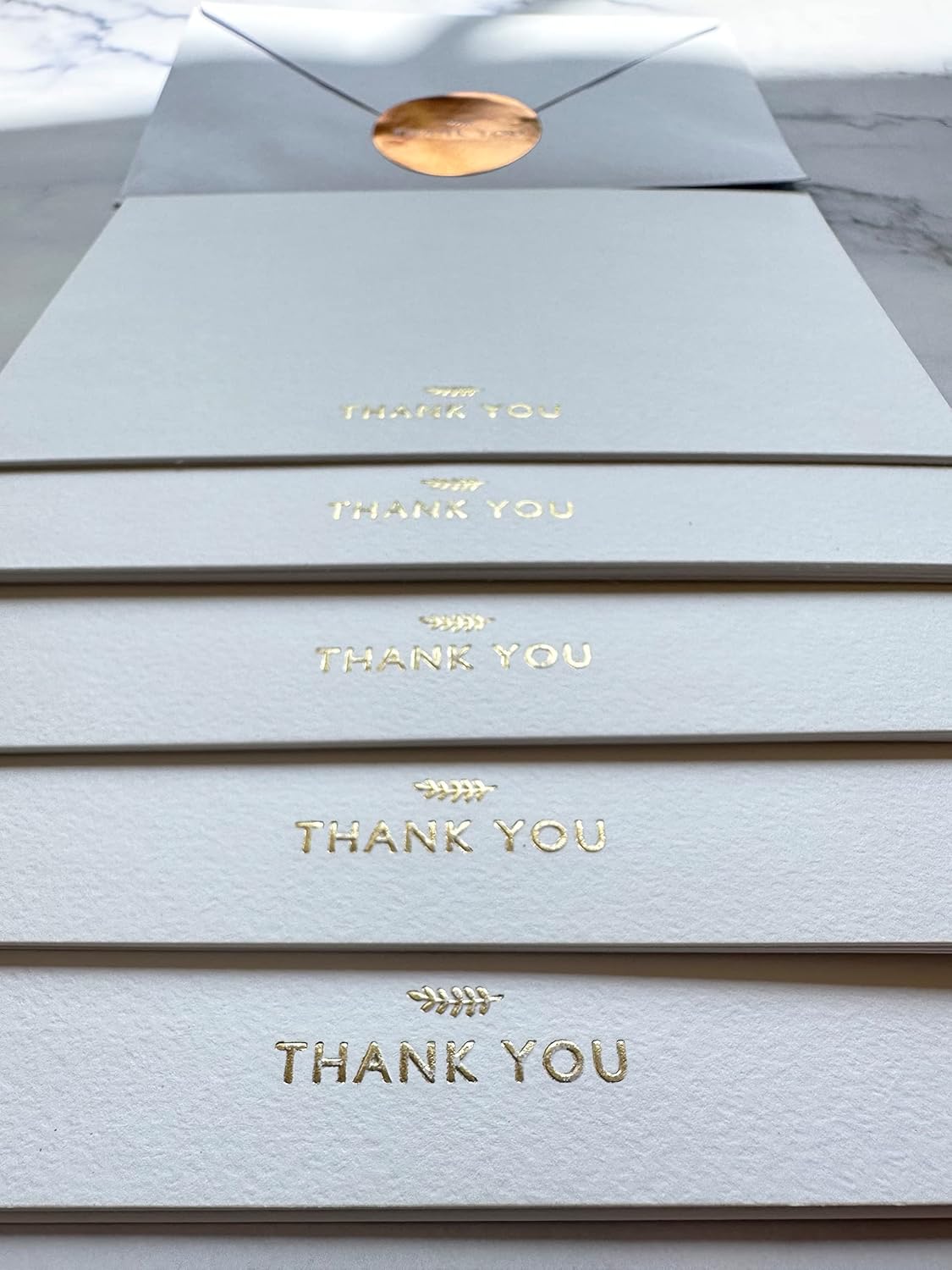 RUN2PRINT (36 Pack) Thank You Cards With Envelopes & Gift of 36 Foiled Stickers - Elegant Embossed Gold Foil Pressed Blank Notes Wedding All Occasion Cards (White)