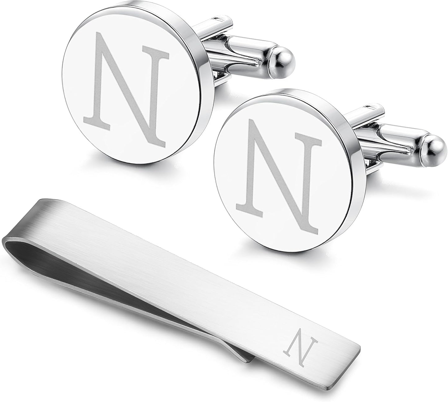 LOYALLOOK Stainless Steel Engraved Initial Cufflinks and Tie Clip Bar Set Alphabet Letter With Gift Box A-Z
