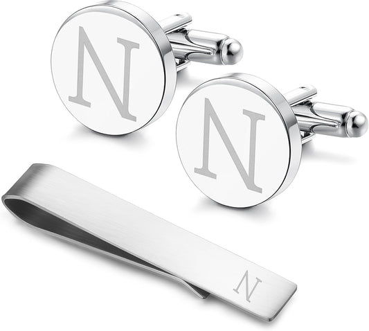LOYALLOOK Stainless Steel Engraved Initial Cufflinks and Tie Clip Bar Set Alphabet Letter With Gift Box A-Z