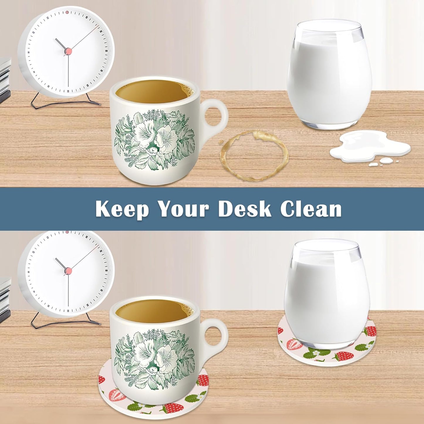 Coasters for Drinks,Strawberry Fruit Strawberries Pink Absorbent Coaster Set of 4 with Cork Base,Ceramic Drink Coasters for Cold Drinks Wine Glasses Cups Mugs,Housewarming Gifts for Home Decor