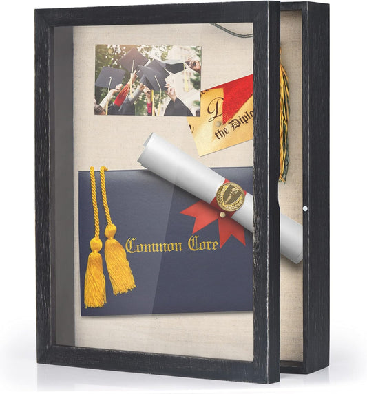 Love-KANKEI Shadow Box Frame 11x14 Shadow Box Display Case with Linen Back Rustic Wood Memory Box for Awards Medals Photos Pictures Gift Rustic Black