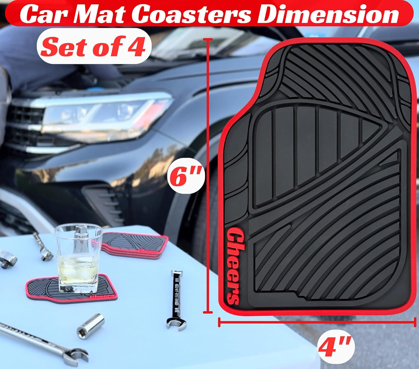 Cheers Mat Car Coasters Red Style 6x4in Cheers Sign for Bar Accessories and Tiki Decorations Outdoor Coasters Tiki Bar Sign and Coffee Decor Silicone Coaster for Drinks Mechanic Gifts for Car Guys