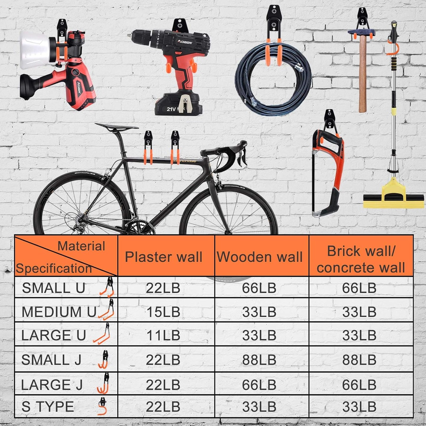 Aoben Heavy Duty Steel Garage Storage Hooks - Utility Tool Hangers and Combinable Wall Mount Hooks for Organizing Ladder, Hold Chairs, Heavy Tools (Medium U, 10 Pack)