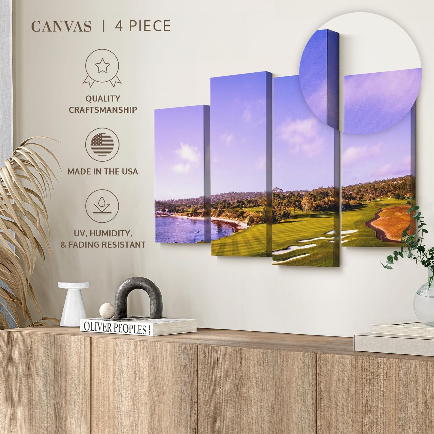 Elephant Stock Coastline Green Golf Course Wall Art - Horizontal Canvas - 4-Piece Living Room Wall Decor - Photography Sports Canvas Print - Blue and Gray Decor for Wall - 68" X 42"