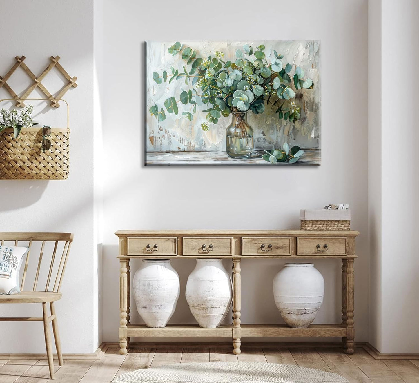 Eucalyptus Flower Glass Vase Canvas Wall Art Bathroom Wall Decor Vintage Farmhouse Botanical Posters Painting Rustic Mason Jar Flower Arrangement Pictures Print for Bathroom Bedroom Decoration Framed