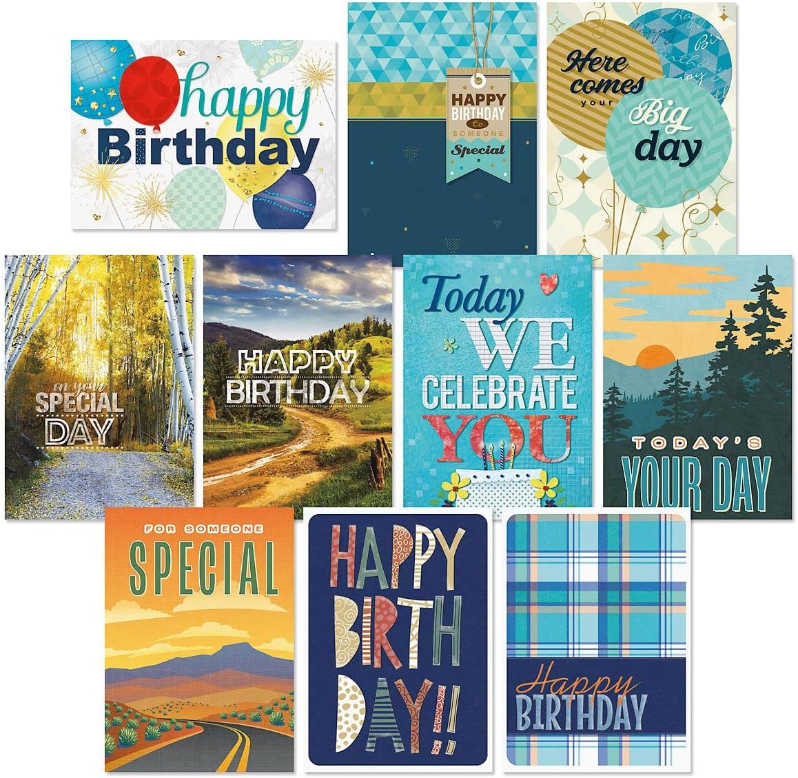 Current For Him Happy Birthday Greeting Card Set - Value Pack of 20 Cards With White Envelopes, 10 Designs, Large 5" x 7" Assortment