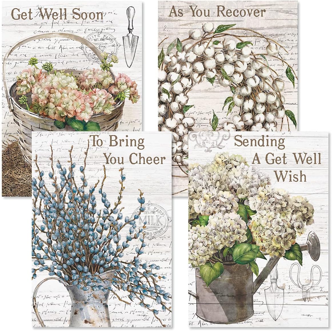 Farmhouse Get Well Greeting Cards - Set of 8 (4 Designs), Large 5" x 7", Sympathy Cards with Sentiments Inside, White Envelopes