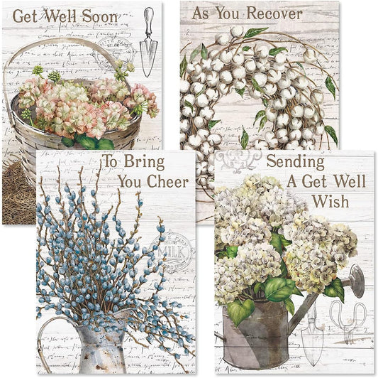 Farmhouse Get Well Greeting Cards - Set of 8 (4 Designs), Large 5" x 7", Sympathy Cards with Sentiments Inside, White Envelopes
