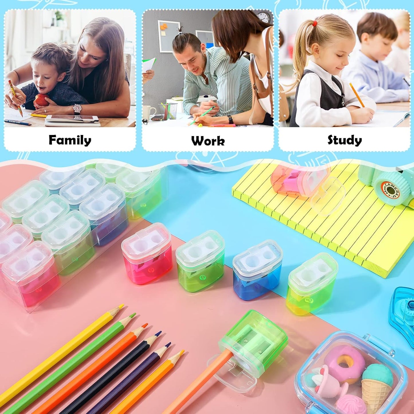 Teling 144 Pcs Manual Pencil Sharpeners Bulk Handheld Dual Holes Pencil Sharpeners for Kids Colorful Portable Compact Sharpener with Lid for Students School Class Home Office Supply