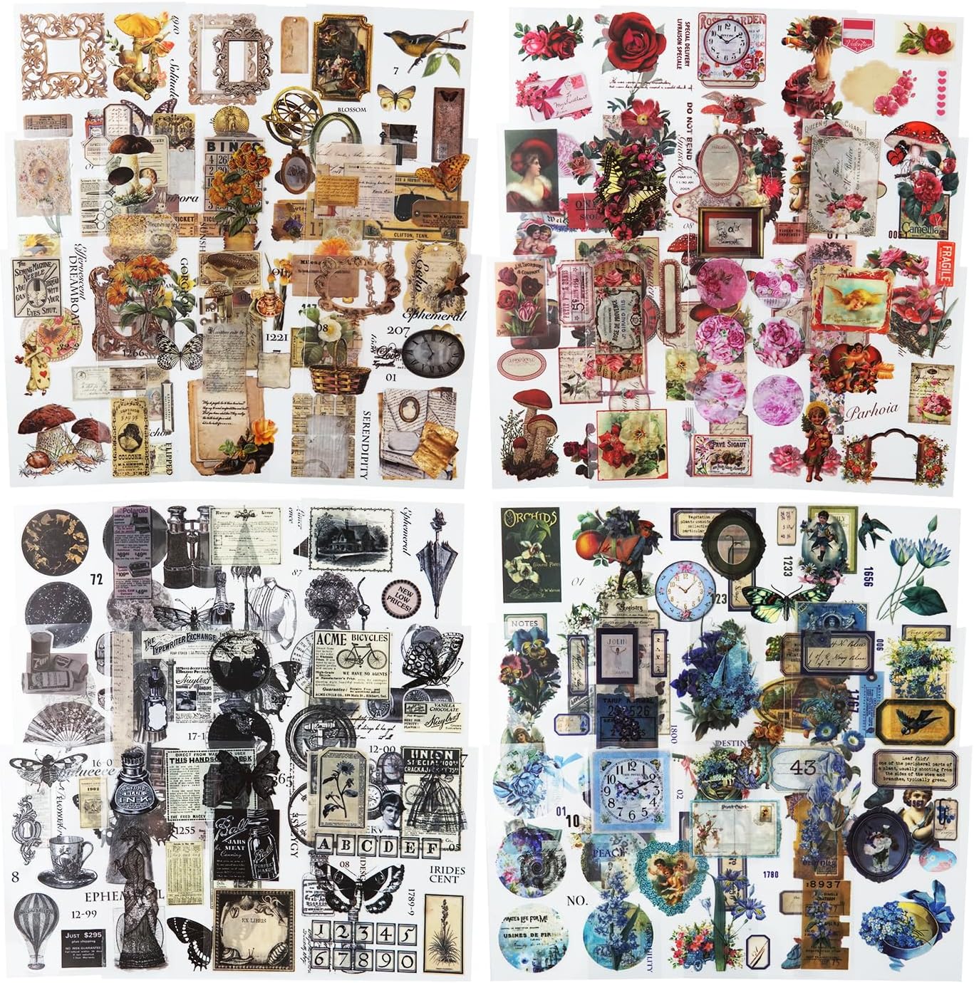 Vintage PET Sticker Book, 80 Pages Fantasy Ephemera for Scrapbooking, Journaling, Crafting, DIY Projects, and Art Supplies