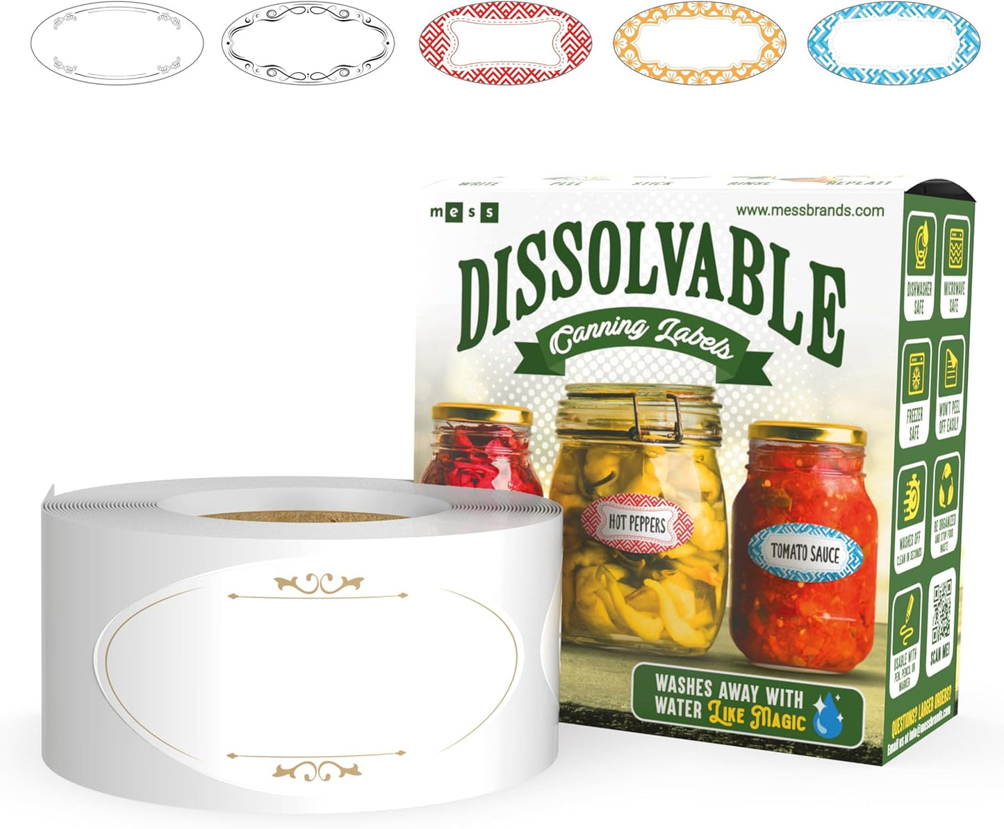 MESS Dissolvable Canning Labels for Jars - 1x2.25 in., 150/Roll - Removable Stickers (Classic) for Jam and Preserves