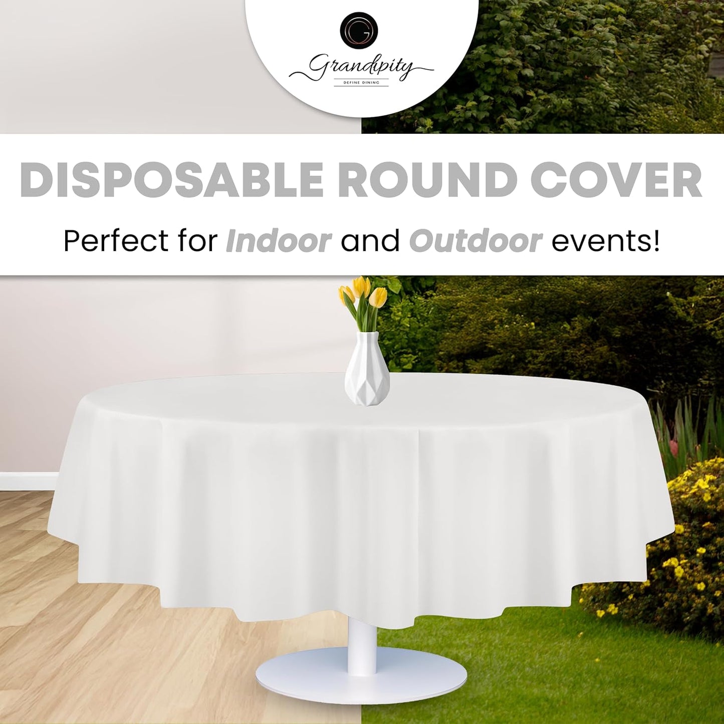 Grandipity Brand Round White Plastic 84" Disposable Tablecloth (12 Pack), Party & Event Decorative Cover