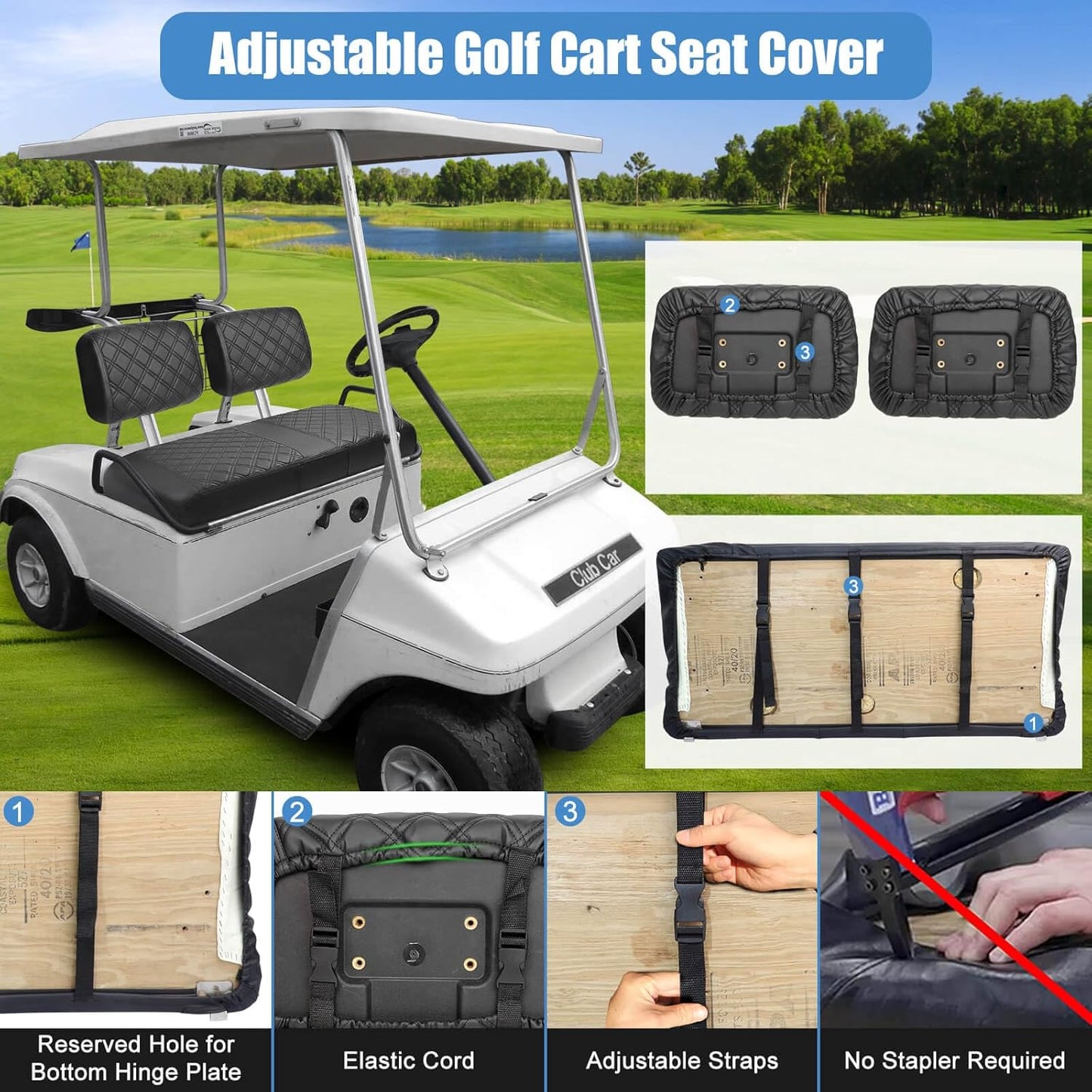 Club Car DS Pre-2000 Seat Cover, Golf Cart Front Seat Cover Fit For Club Car DS 1982-2000 OEM Ordinary Seat Cushion, Concave and Convex Design Appearance, Thick Vinyl Leather Comfortable/Breathable