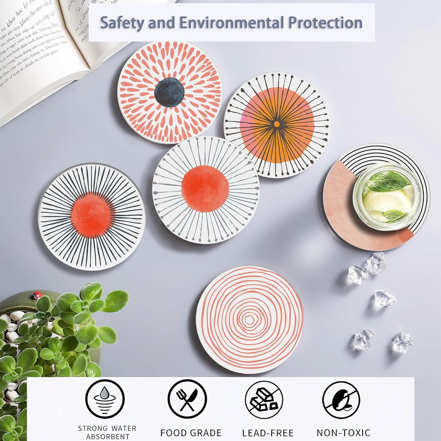 Table Coaster for Drinks Set of 6, Coral Watercolor Series Round Ceramic Coasters,with Cork Base and Metal Holder,Great Housewarming Birthday Gifts,Home Decor