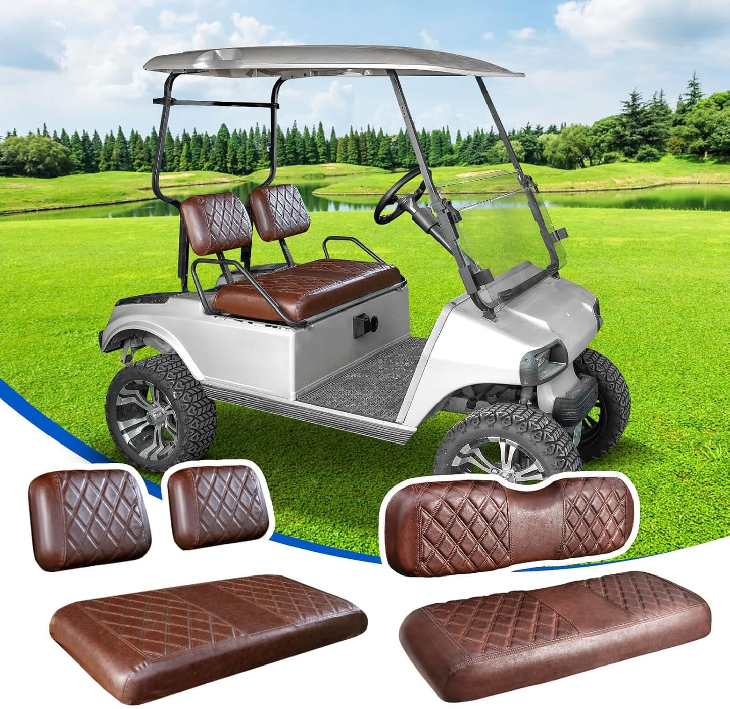 NOKINS 4PCS Golf Cart Seat Covers Kit, Front and Rear Seat Covers Fits Club Car DS Pre-2000 Standard Seat Cushion, Club Car DS Vinyl Seat Covers Accessories(Brown and Brown 8438)