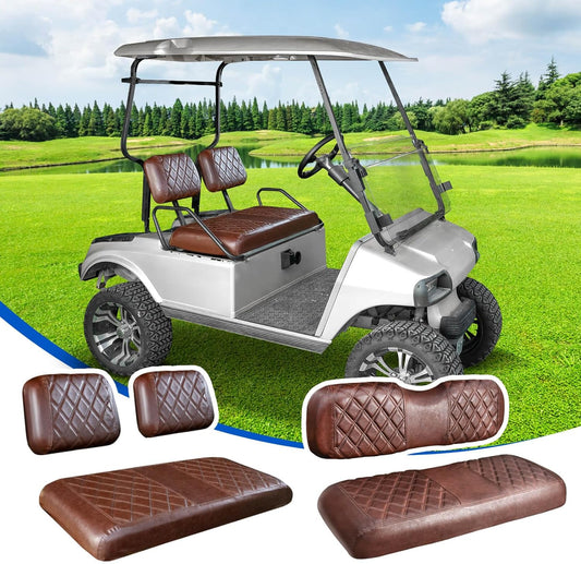 NOKINS 4PCS Golf Cart Seat Covers Kit, Front and Rear Seat Covers Fits Club Car DS Pre-2000 Standard Seat Cushion, Club Car DS Vinyl Seat Covers Accessories(Brown and Brown 8438)