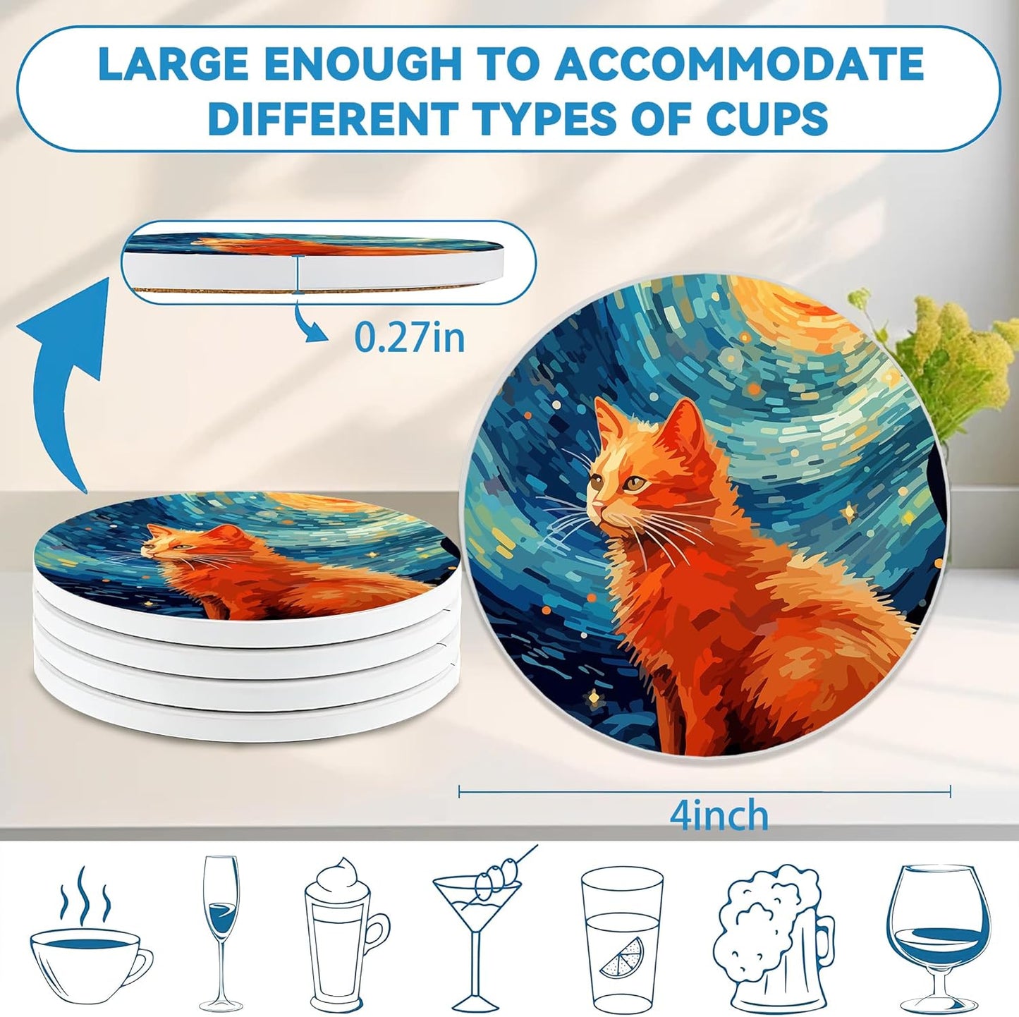 Starry Night Cat Coasters Set of 4, Round 4" Absorbent Ceramic Stone Coasters with Cork Base, Cute Table Home Decor, Ideal Gifts for Women Men