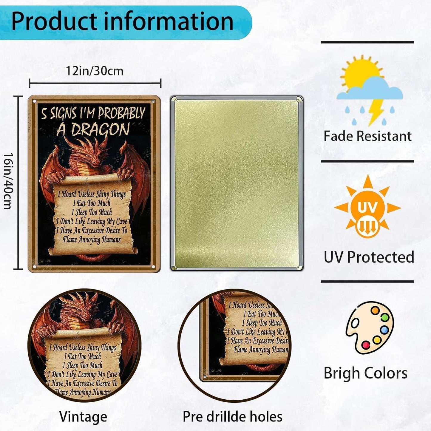 Vintage 5 Signs I’M Probably A Dragon Vertical Iron Metal Tin Sign 12x16 Inch Home Kitchen Garden Wall Decor