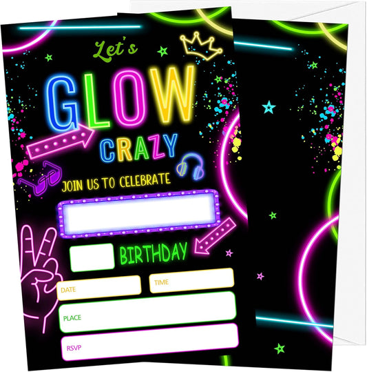 Let's Glow Crazy Birthday Invitations, 20 Invitation Cards with Envelopes, Retro Neon Theme Invites for Party Decorations Favor Supplies - A27