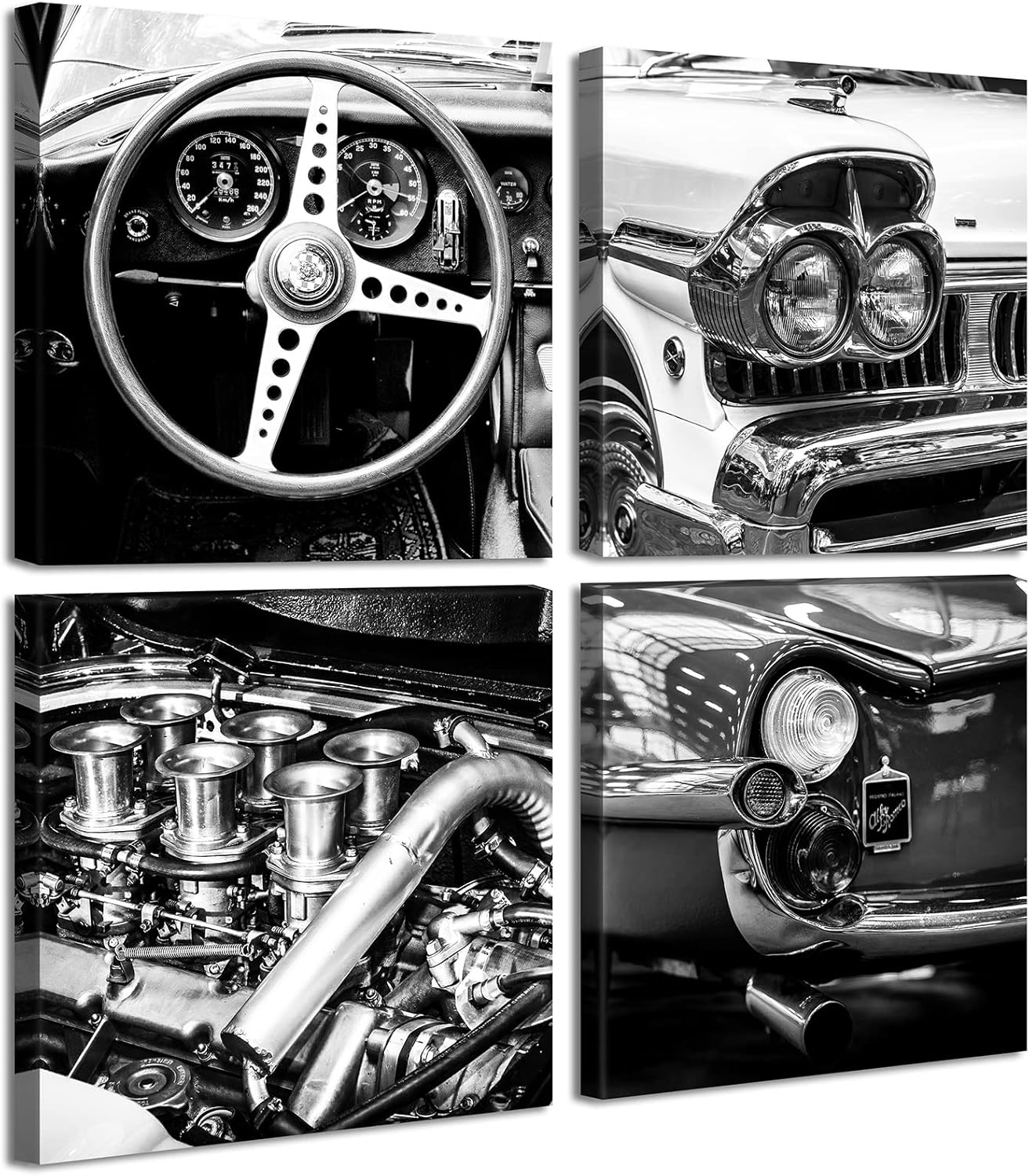 DJSYLIFE Black and White Wall Art Vintage Car Posters Decor Mens Bedroom Boys Room Office Paintings Canvas Pictures Framed Ready to Hang 12" W×12" H×4 PCS