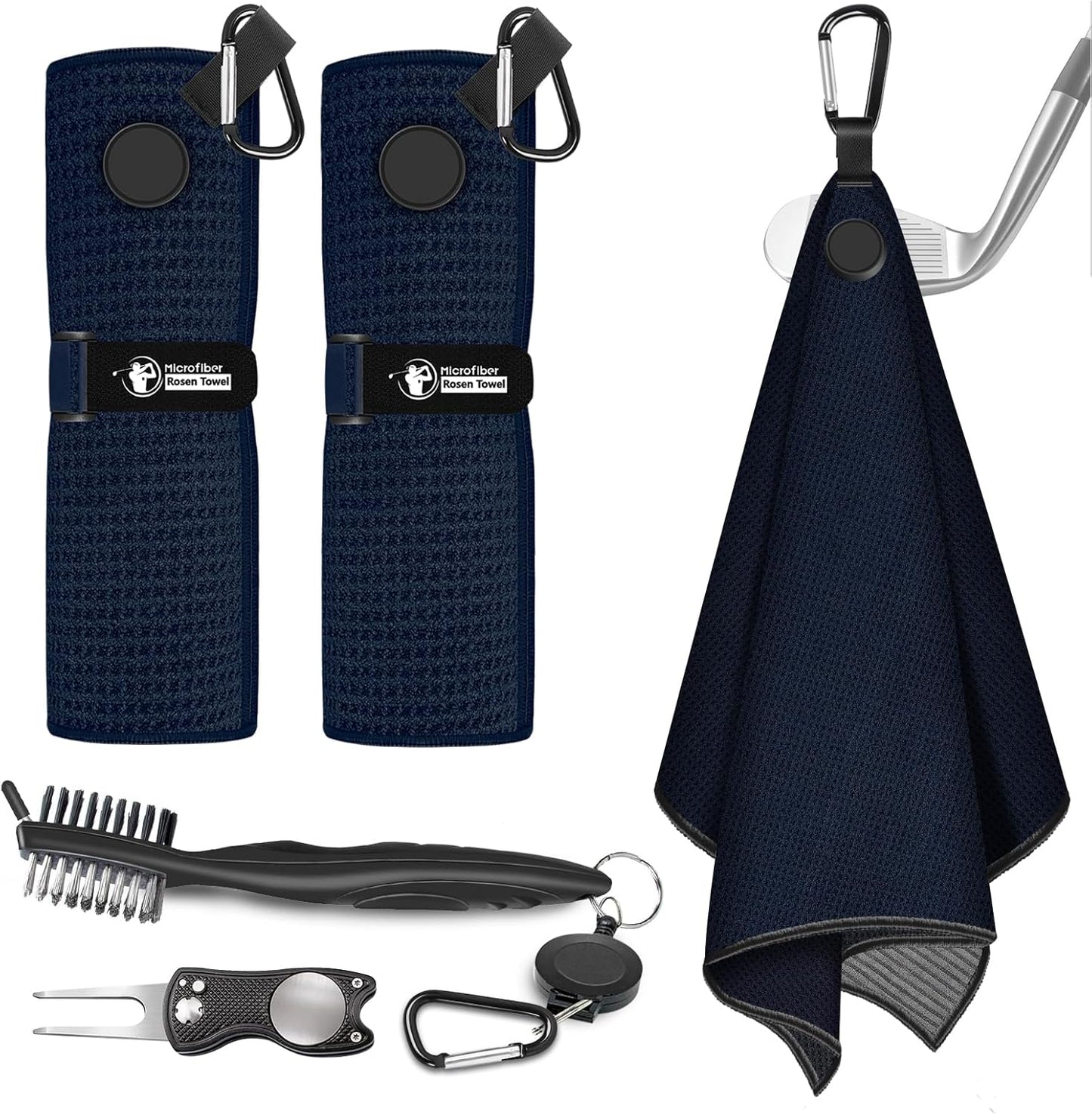 Magnetic Golf Towel, 2 PCS Microfiber Golf Towels with Brush and Divot Tool for Men, Industrial Strength Magnet Accessories for Strong Hold to Golf Bags, Carts or Clubs (2 Pack Black)