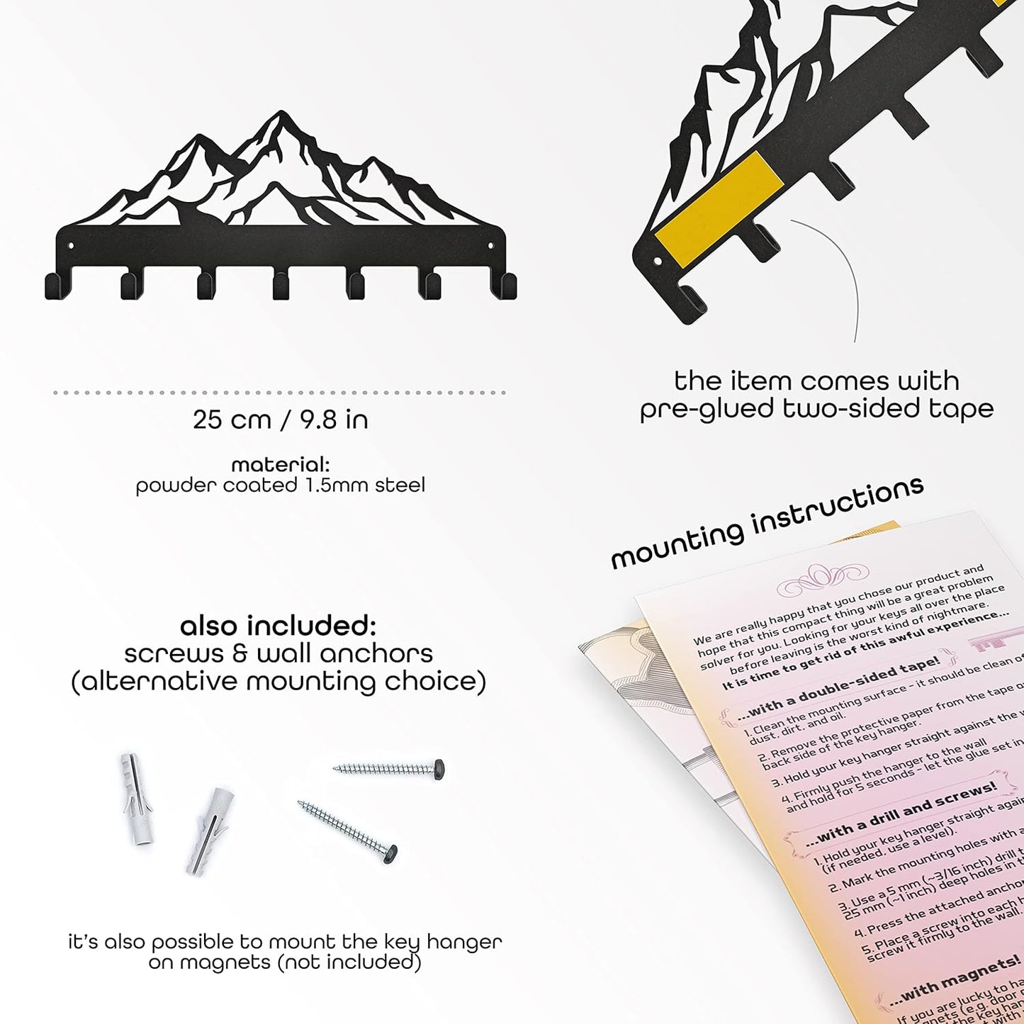 Key Holder Steel Metal Wall Hanger with Hooks for car, Apartment, Garage, Storage, Keys (Mountains)