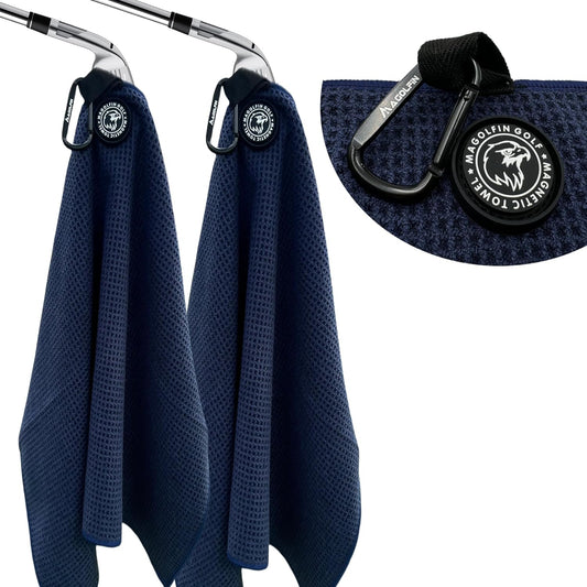2-Pack Magnetic Golf Towel with Clip, Microfiber Waffle Design - Industrial Strength Magnet for Strong Hold to Golf Bags, Carts & Clubs - Navy Blue